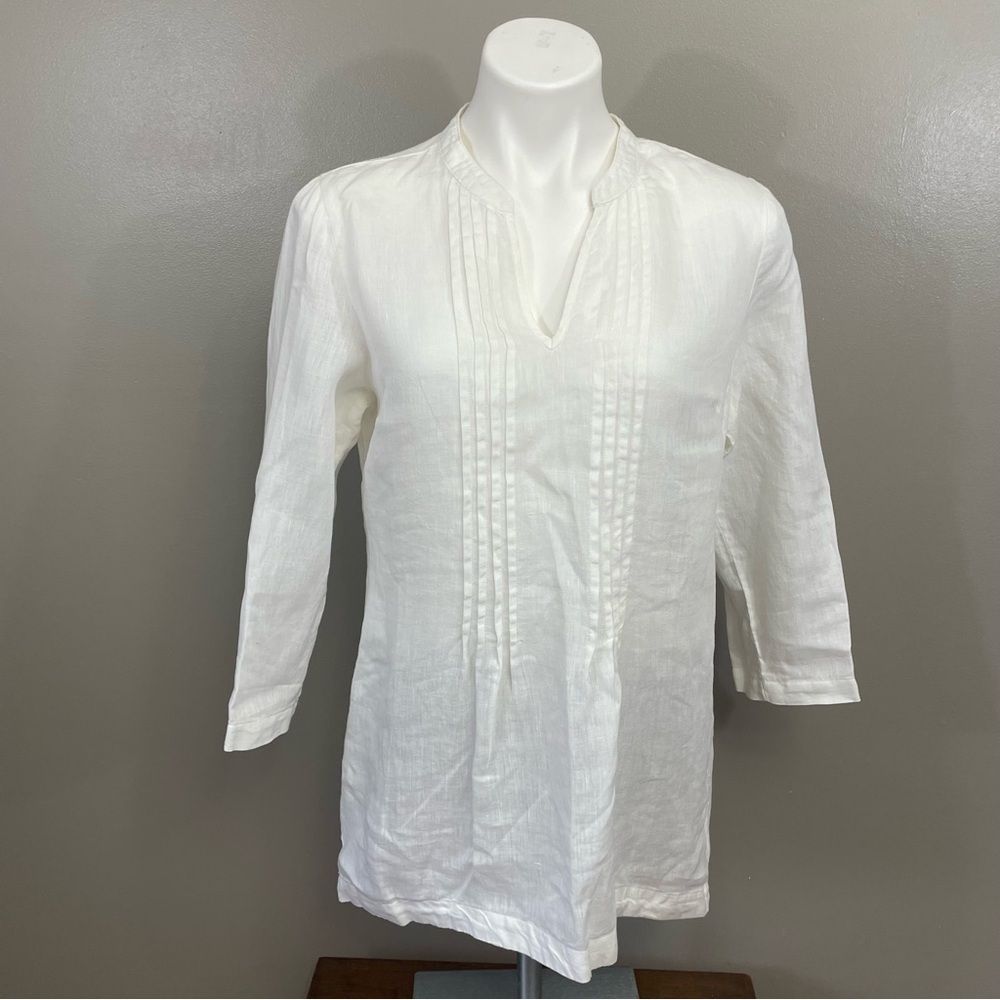 CYNTHIA ROWLEY women’s medium White Linen Roll Tab Sleeve Tunic Top